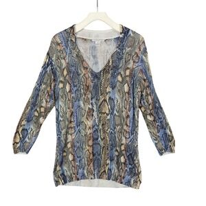 Alberto Makali Snakeskin Print‎ V-Neck Top Beaded Accents Blouse Women Size XL